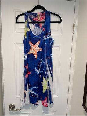 Shoreline Navy Blue Starfish & Multicolor Coral-Print Sleeveless Swim Coverup
